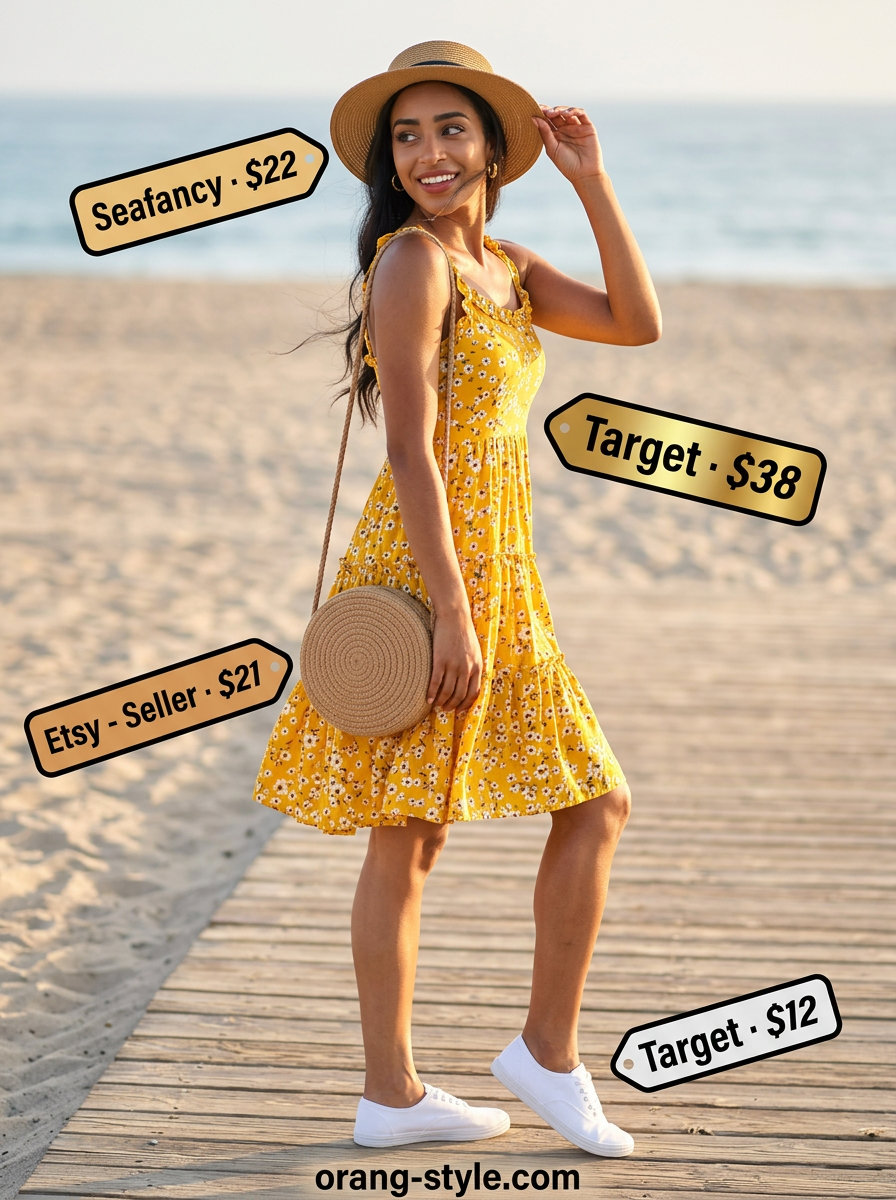 Yellow floral mini sundress, straw hat, and canvas sneakers for a playful coastal summer beach outfit for women 2026.
