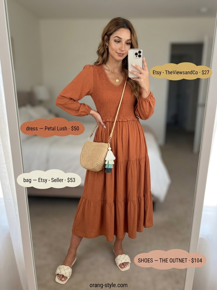 Bohemian maxi dress outfit for women 2026: Terracotta dress, straw hat, gold jewelry, and braided sandals.