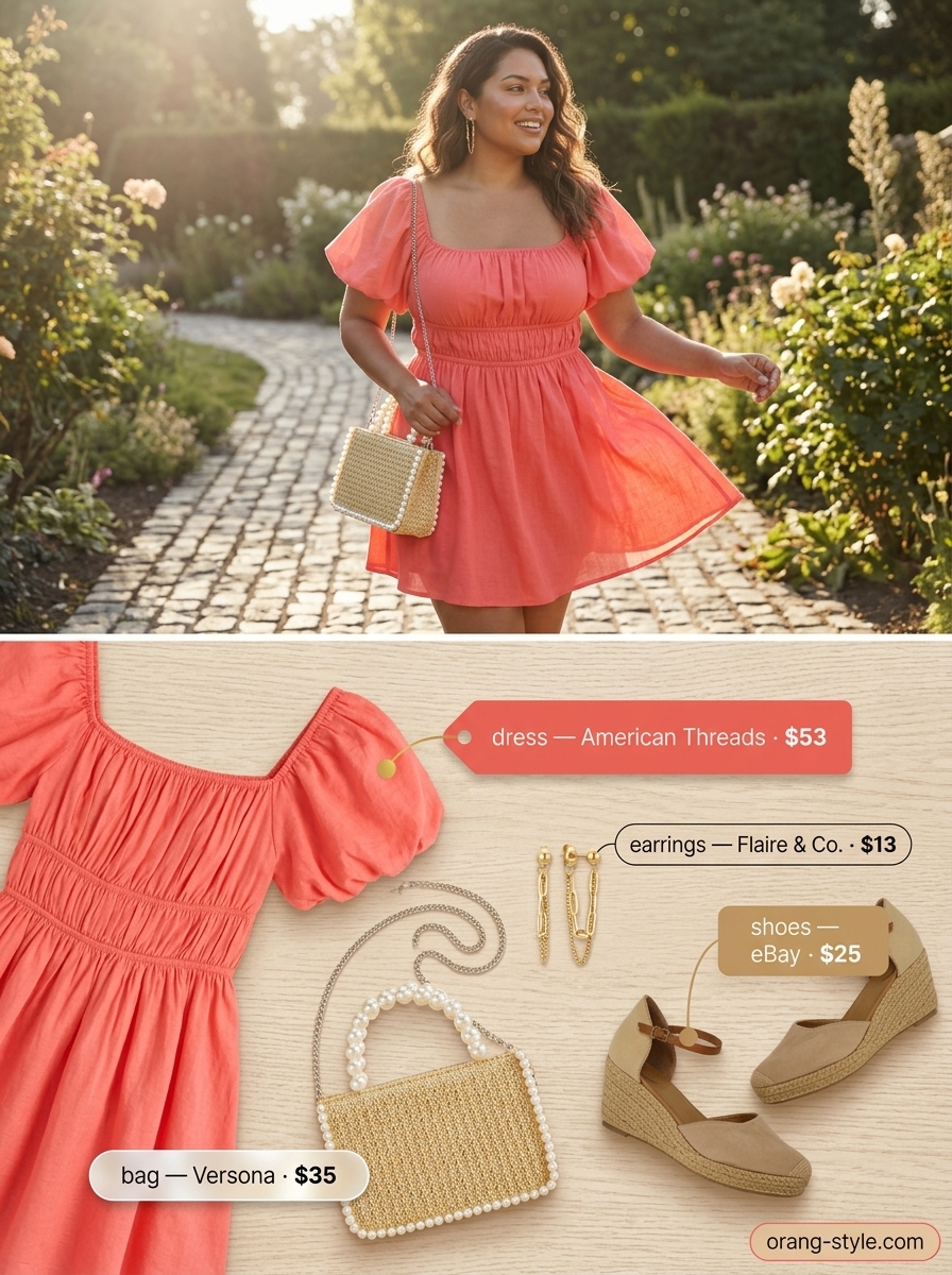 Coral babydoll dress, straw bag, and espadrilles for summer wardrobe color trend ideas for women 2026.