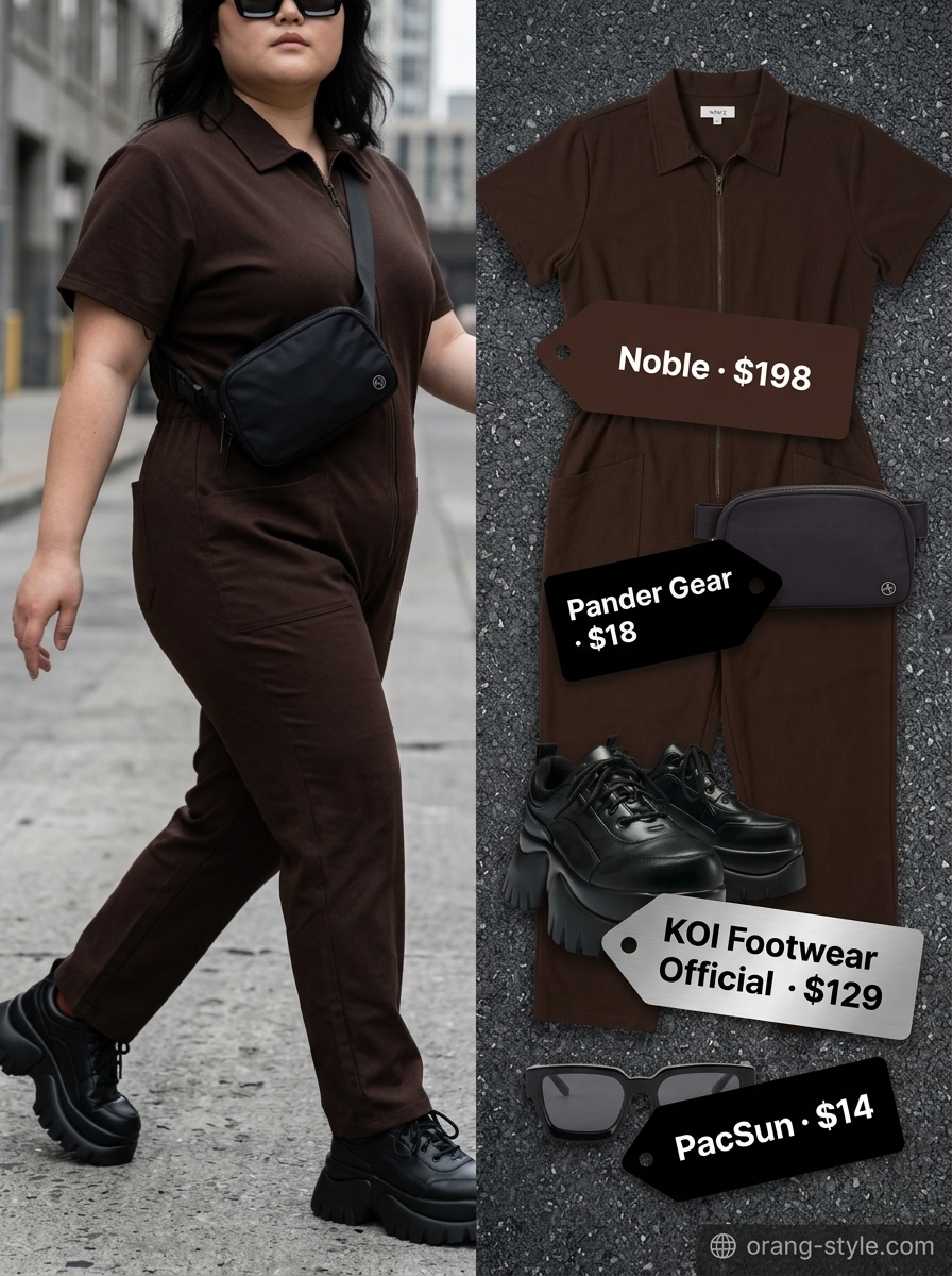 Espresso brown utility jumpsuit for summer wardrobe color trend ideas for women 2026. Black belt bag, sneakers.