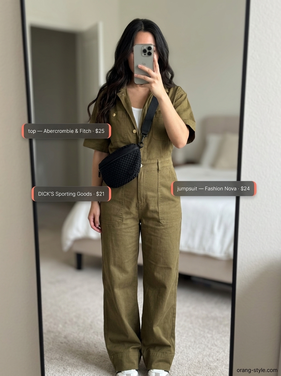 Khaki utility jumpsuit, white tank, and black sandals for summer wardrobe color trend ideas for women 2026.