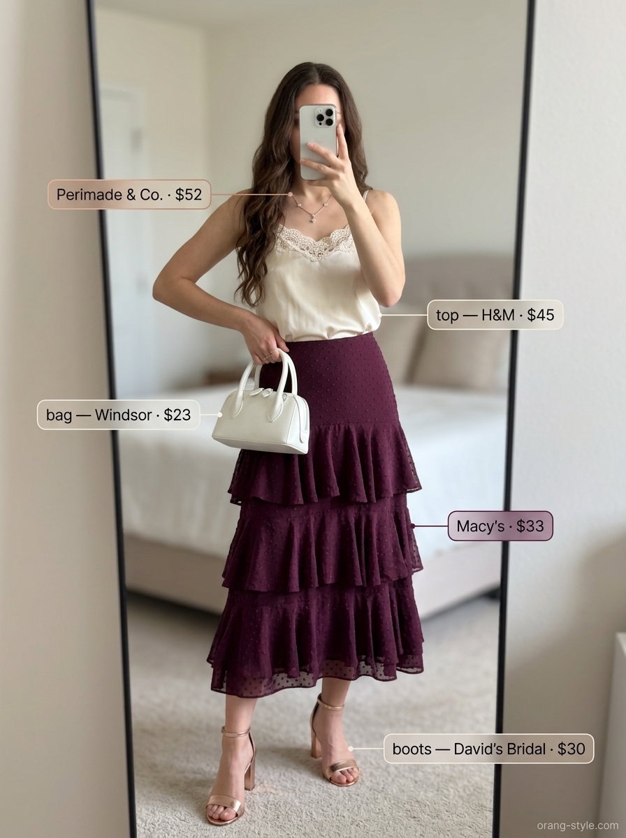 Lavender chiffon midi skirt, cream camisole, and rose gold sandals for summer wardrobe color trend ideas for women 2026.
