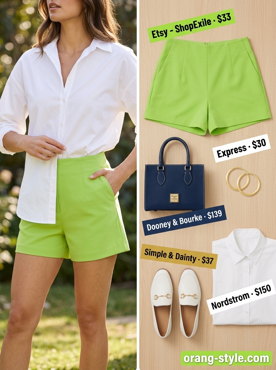Lime green shorts for summer wardrobe color trend ideas for women 2026. White shirt, loafers, navy bag.