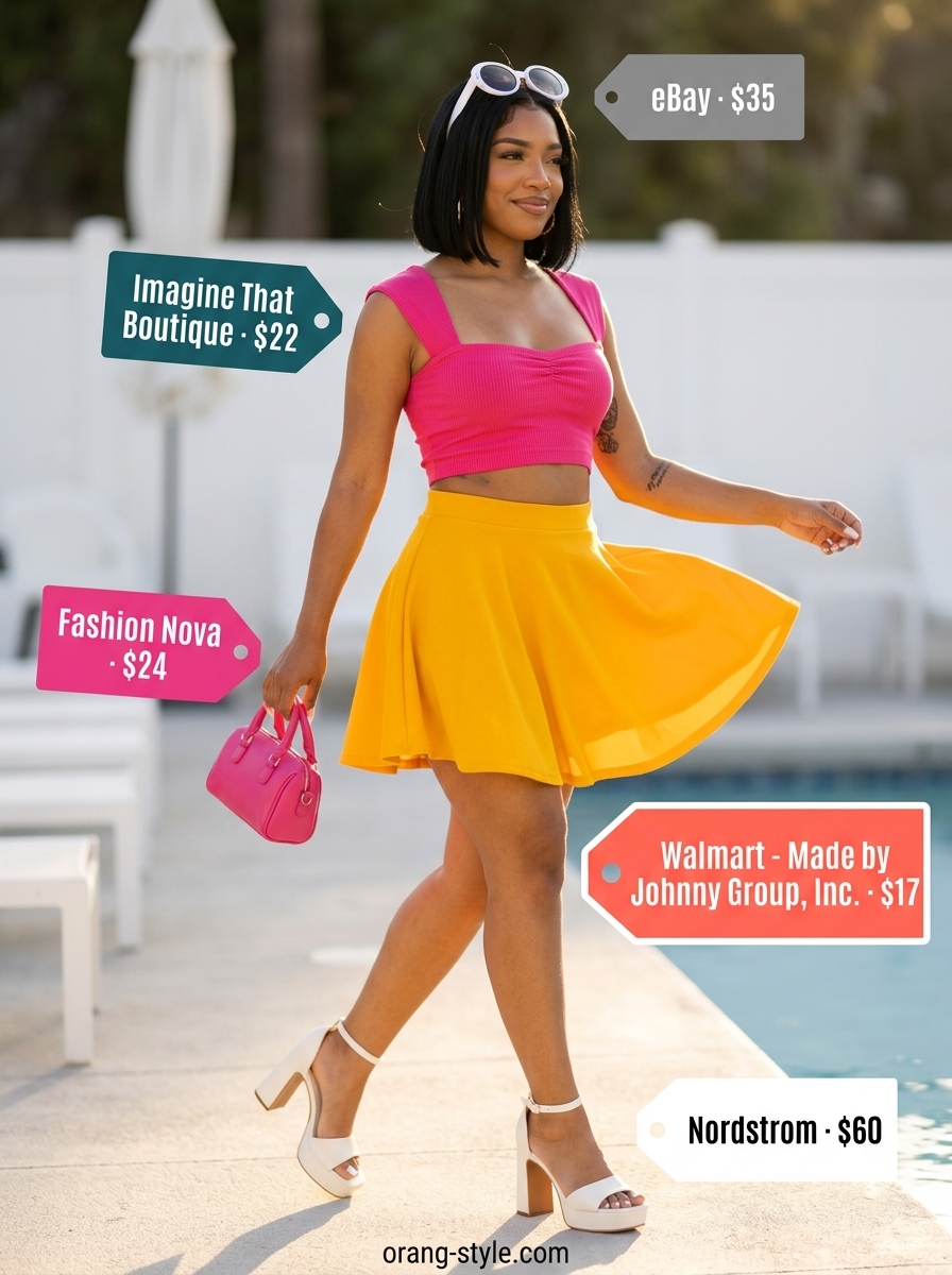 Marigold yellow skirt for summer wardrobe color trend ideas for women 2026. Hot pink top, platform sandals.