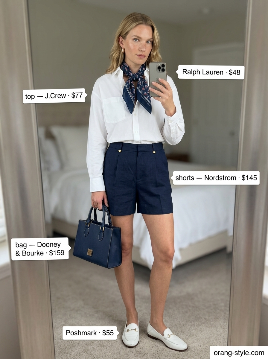 Navy and white shorts outfit for women 2026: Tailored shorts, crisp shirt, loafers, and silk scarf.
