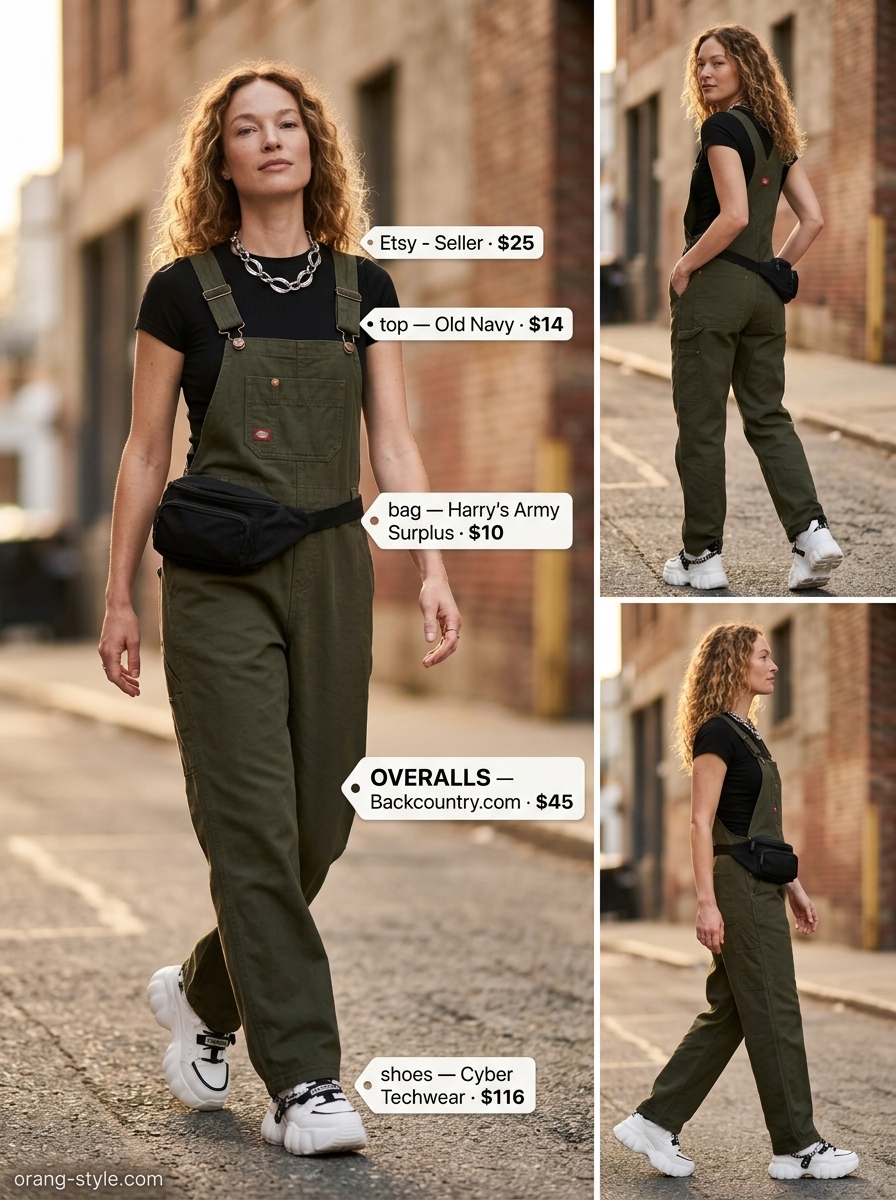 Olive green overalls outfit for women 2026: Denim overalls, black crop top, belt bag, and platform sneakers.