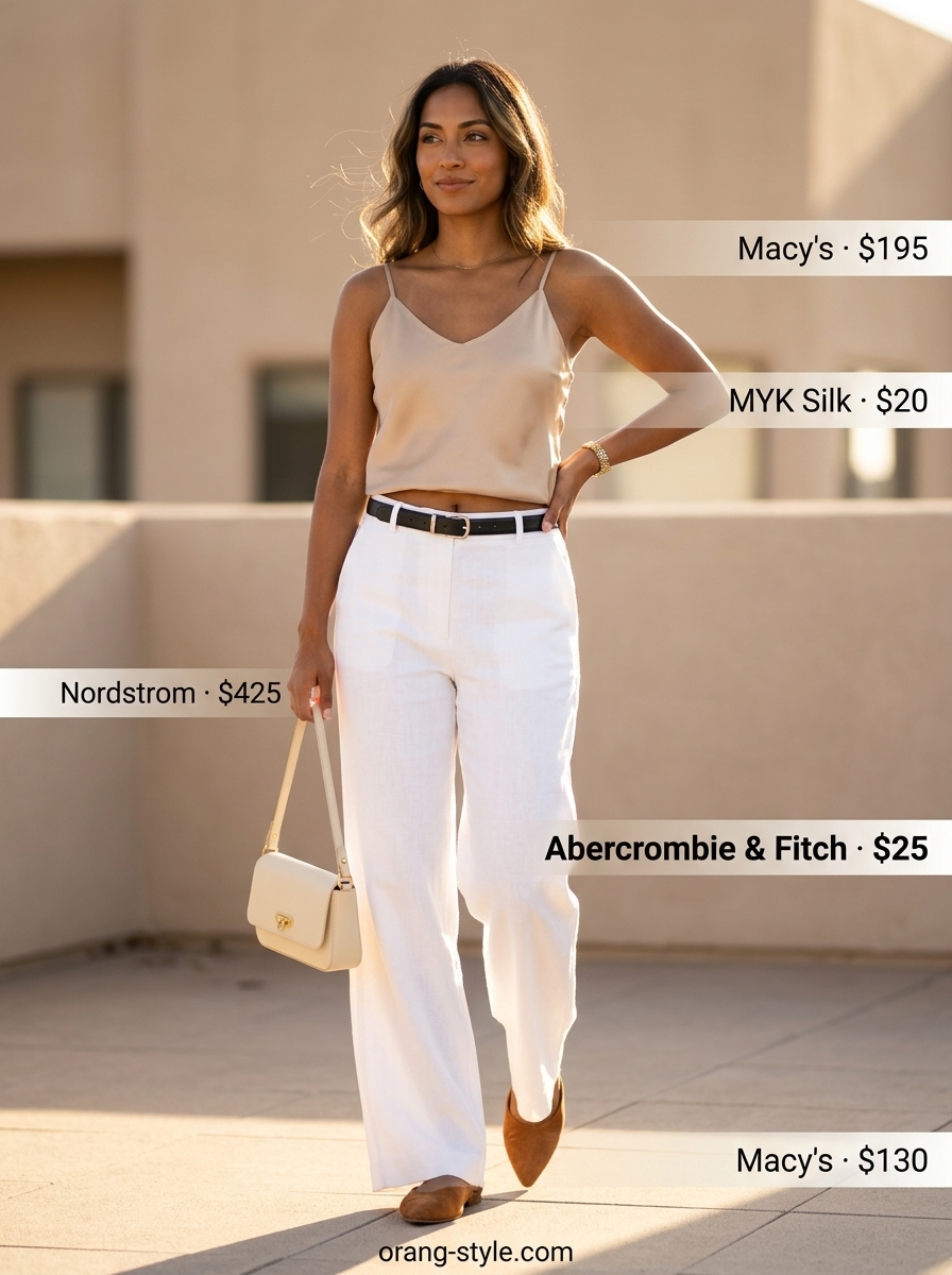 Optic white linen pants for summer wardrobe color trend ideas for women 2026. Beige silk cami, gold watch.