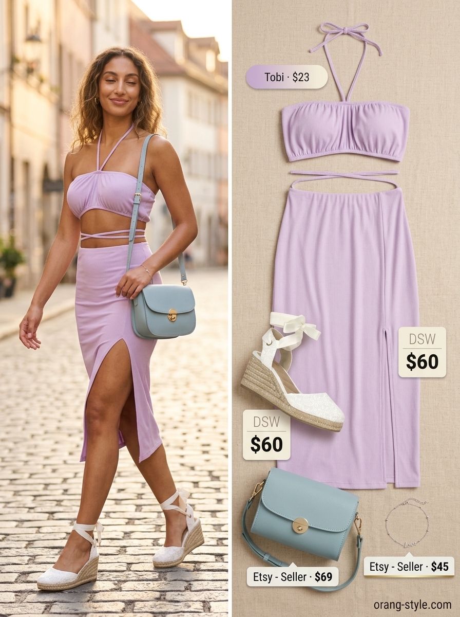 Lavender and mint green matching set for women 2026: Cropped tank, midi skirt, crossbody bag, and espadrilles.