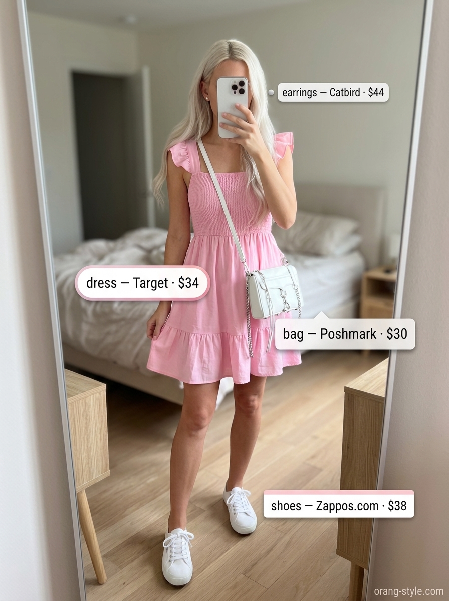 Bubblegum pink sundress, white sneakers, and silver bag for summer wardrobe color trend ideas for women 2026.