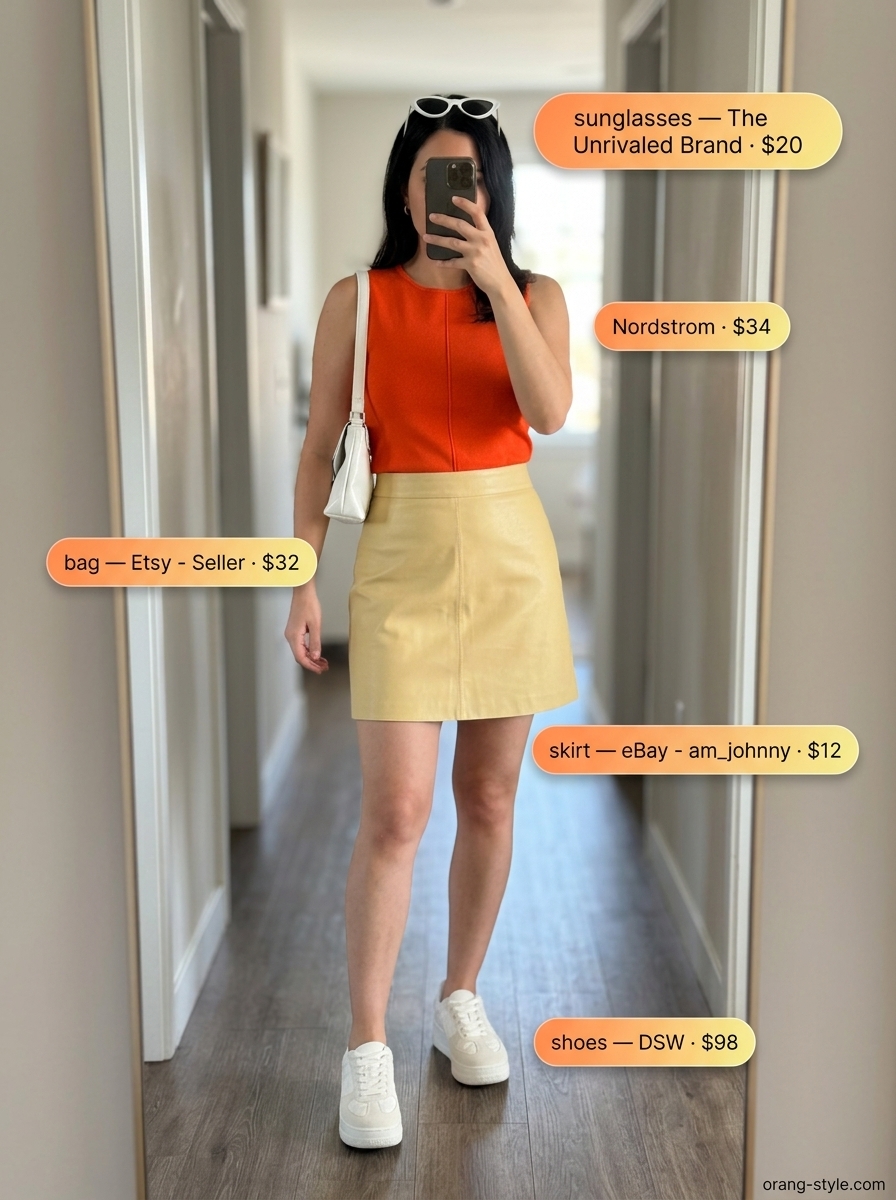 Sunny yellow skirt outfit for women 2026: Retro A-line mini skirt, orange knit top, white sunglasses & sneakers.