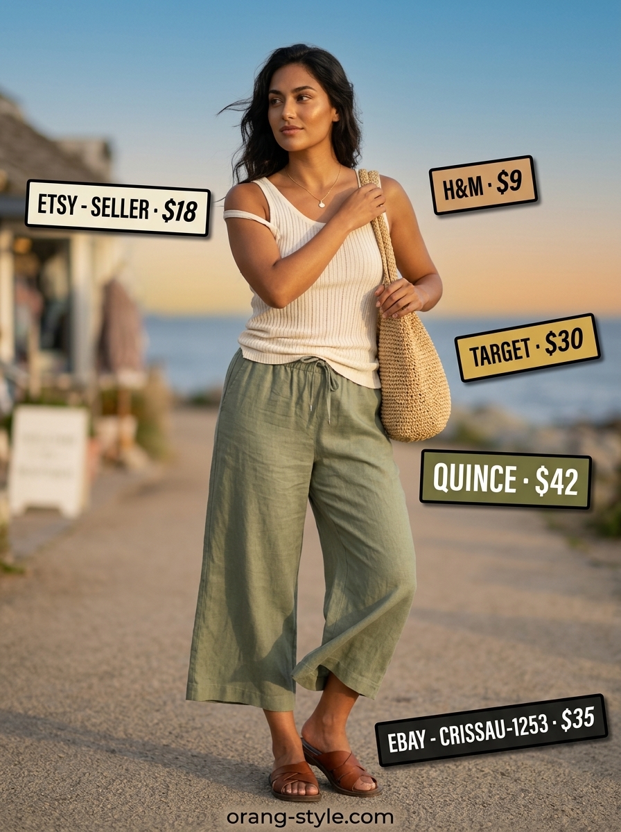 Sage green linen pants outfit for women 2026: Wide-leg trousers, cream knit top, straw bag, and leather sandals.