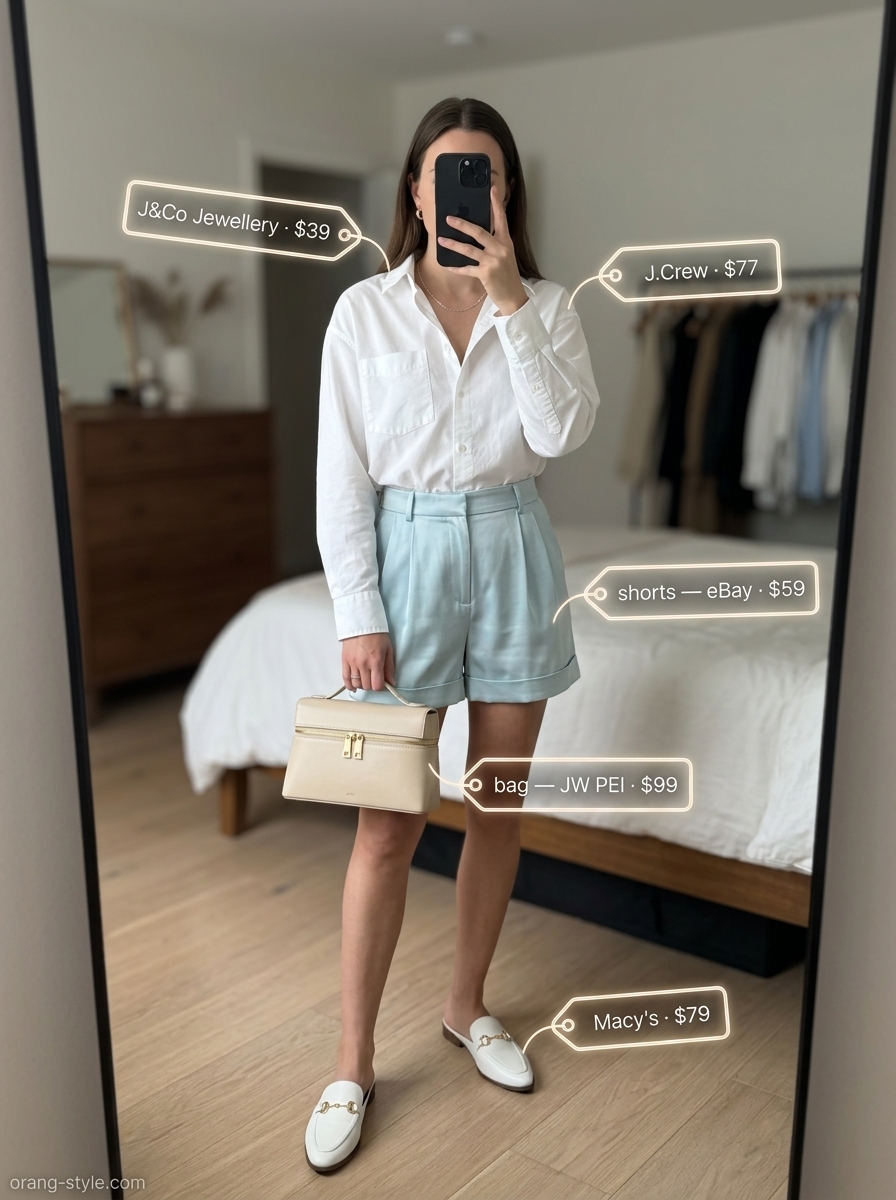 Sky blue tailored shorts, white button-down, and silver mules for summer wardrobe color trend ideas for women 2026.