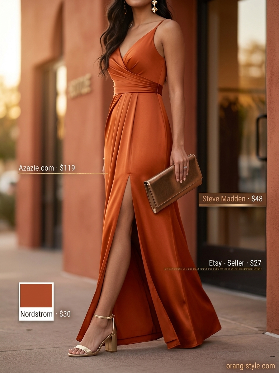 Sunset orange satin maxi dress for summer wardrobe color trend ideas for women 2026. Gold earrings, strappy sandals, clutch.