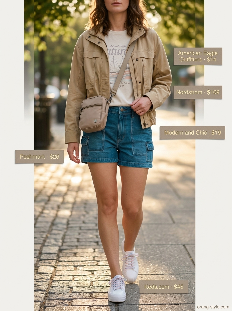 Teal denim shorts, khaki jacket, and graphic tee for summer wardrobe color trend ideas for women 2026.