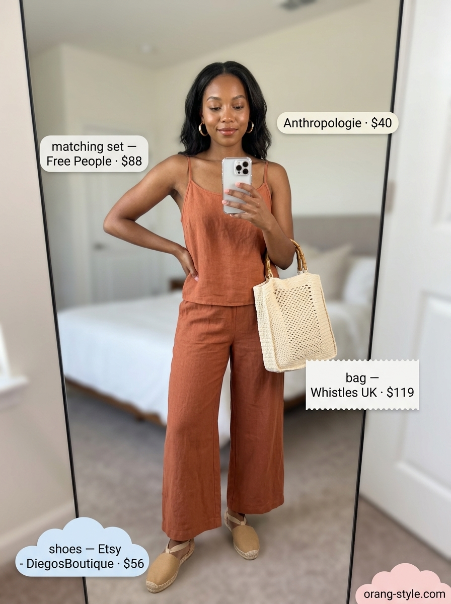 Terracotta linen set, gold hoops, and espadrilles for summer wardrobe color trend ideas for women 2026.