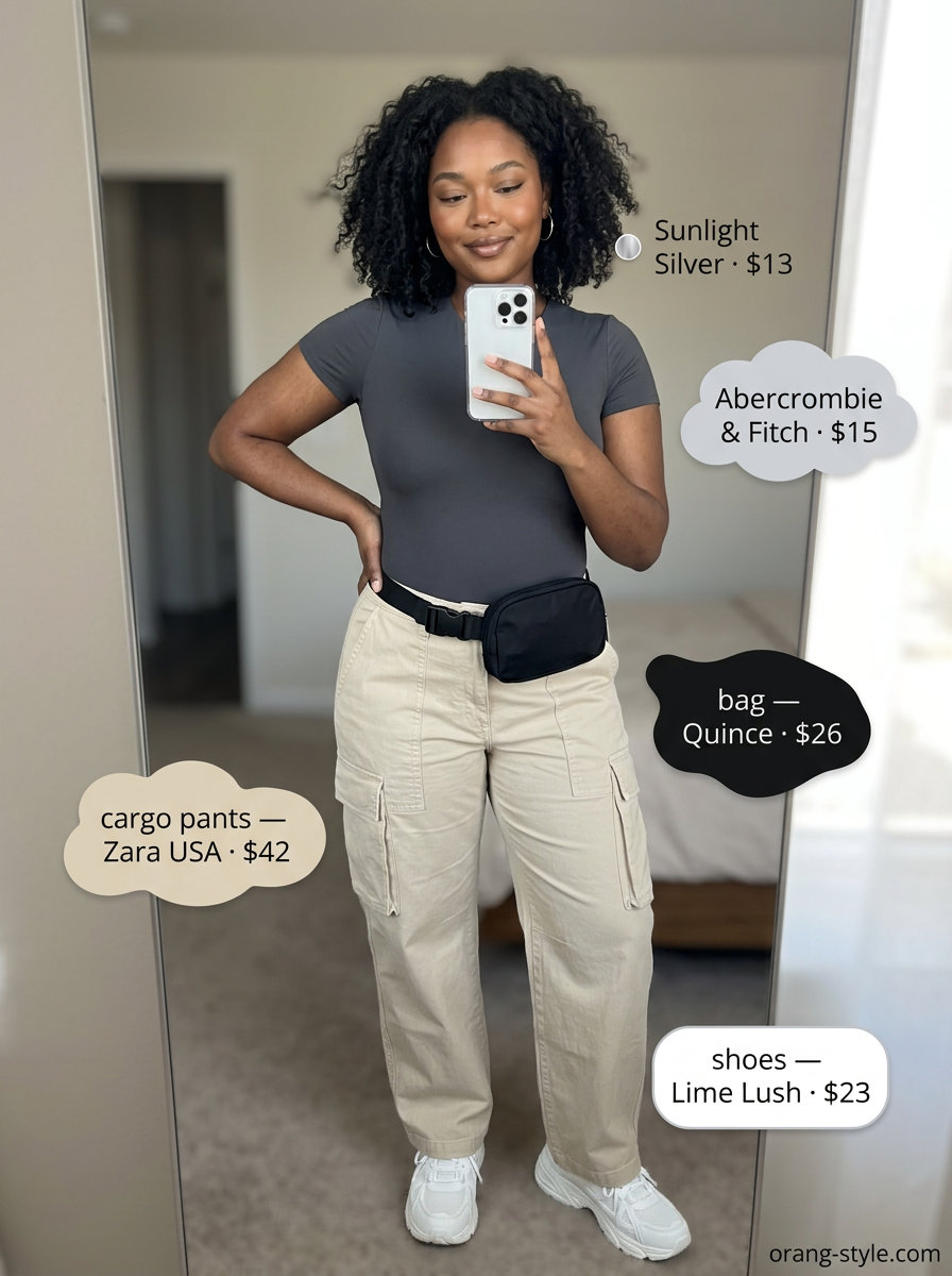 Beige cargo pants outfit for women, color trend summer fashion outfits 2026. Casual cool style.