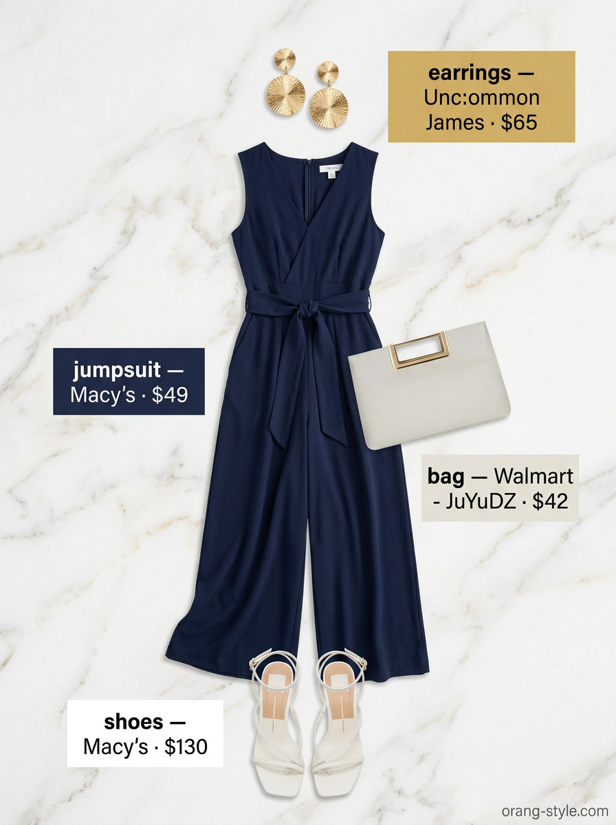 Navy blue jumpsuit outfit for women, sophisticated summer fashion 2026. Chic evening event style.