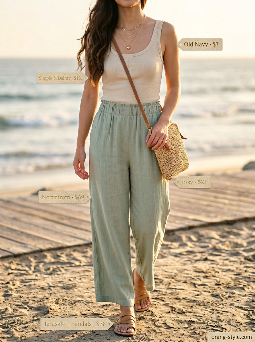 Sage green linen pants outfit for women, coastal chic summer fashion 2026. Effortless evening style.