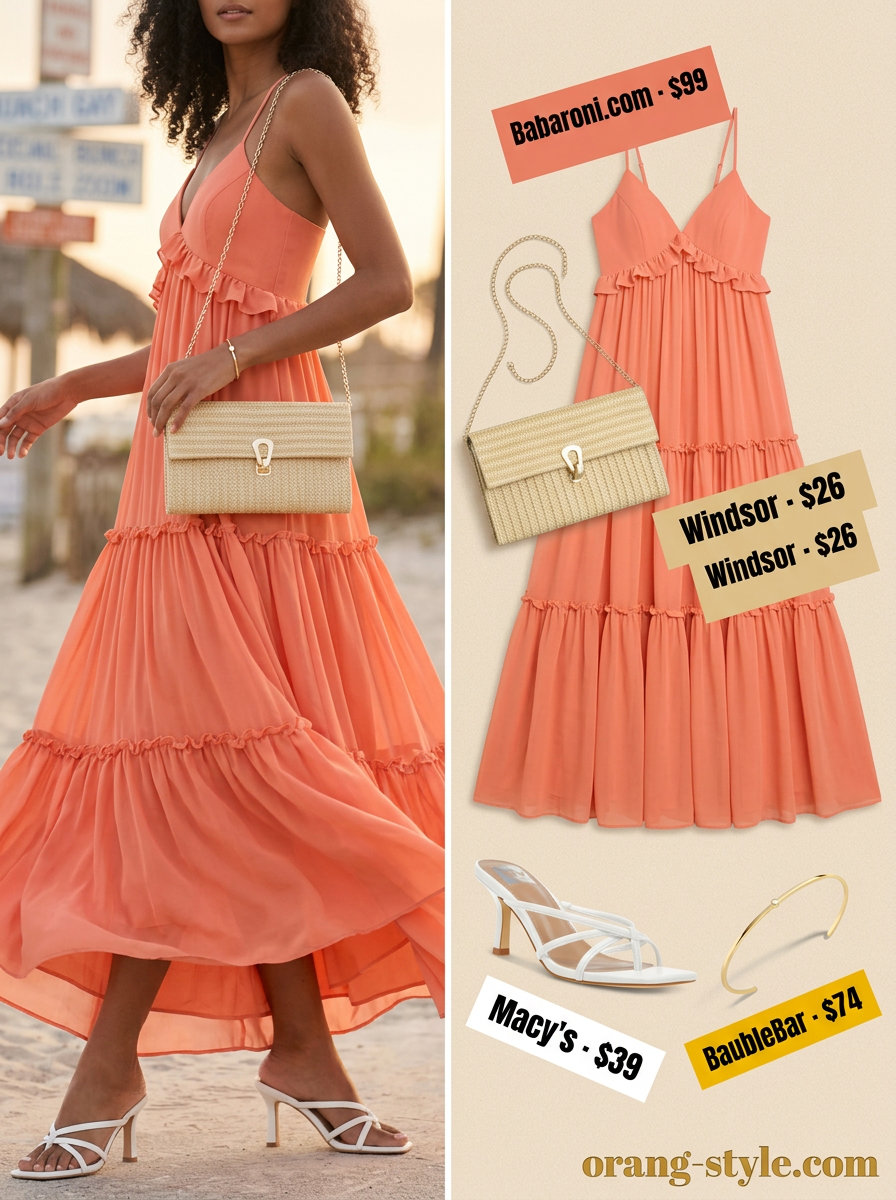Coral sunset maxi dress, white sandals, gold cuff for color trend summer fashion outfits for women 2026.