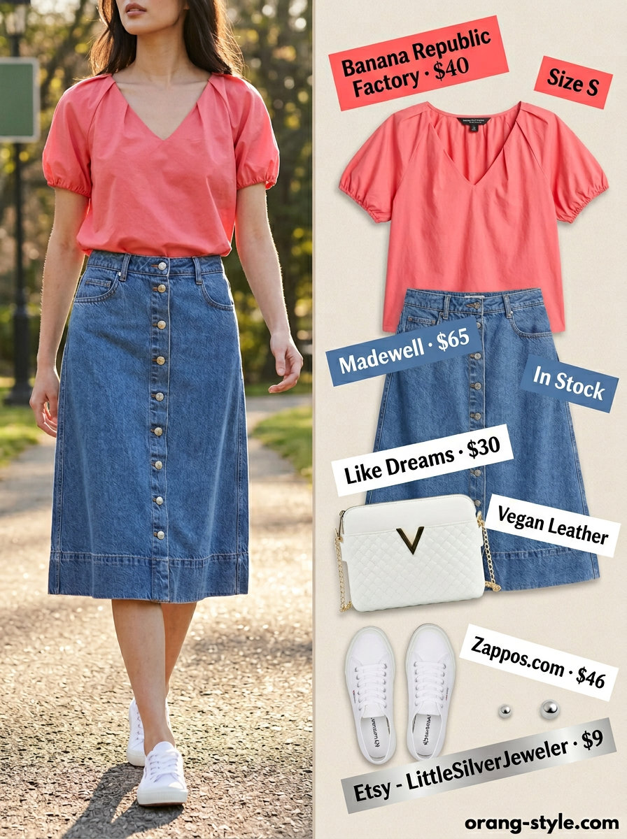 Denim midi skirt, pink puff sleeve blouse, white bag for color trend summer fashion outfits for women 2026.