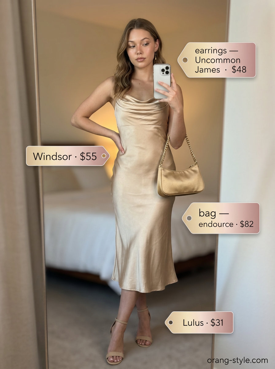 Gold slip dress, nude sandals, black bag for color trend summer fashion outfits for women 2026.
