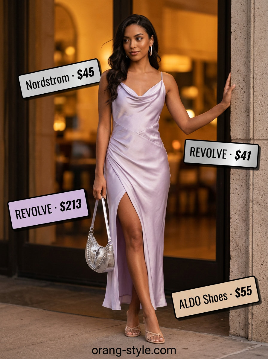 Lavender slip dress outfit for women, romantic summer fashion 2026. Evening date night style.