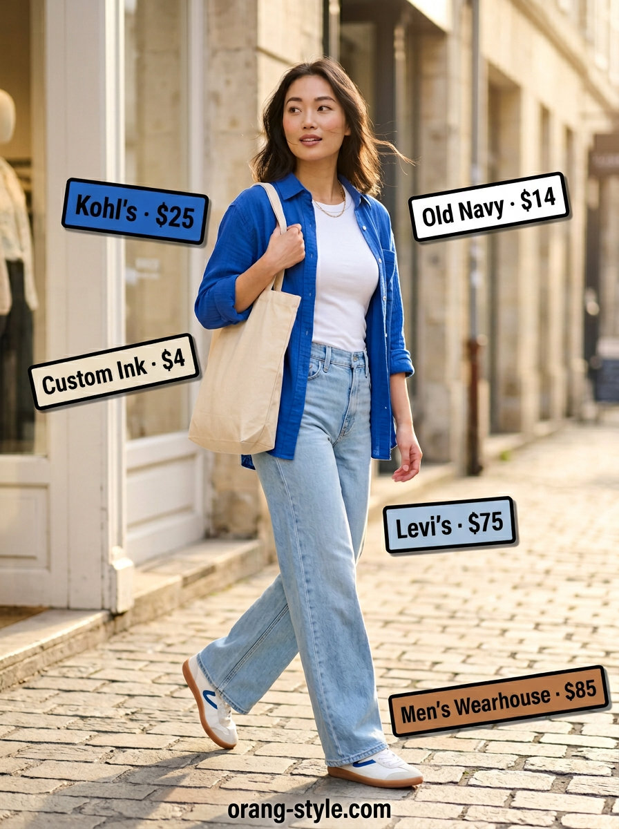 Light blue wide-leg jeans, white tee, cobalt blue shirt for color trend summer fashion outfits for women 2026.