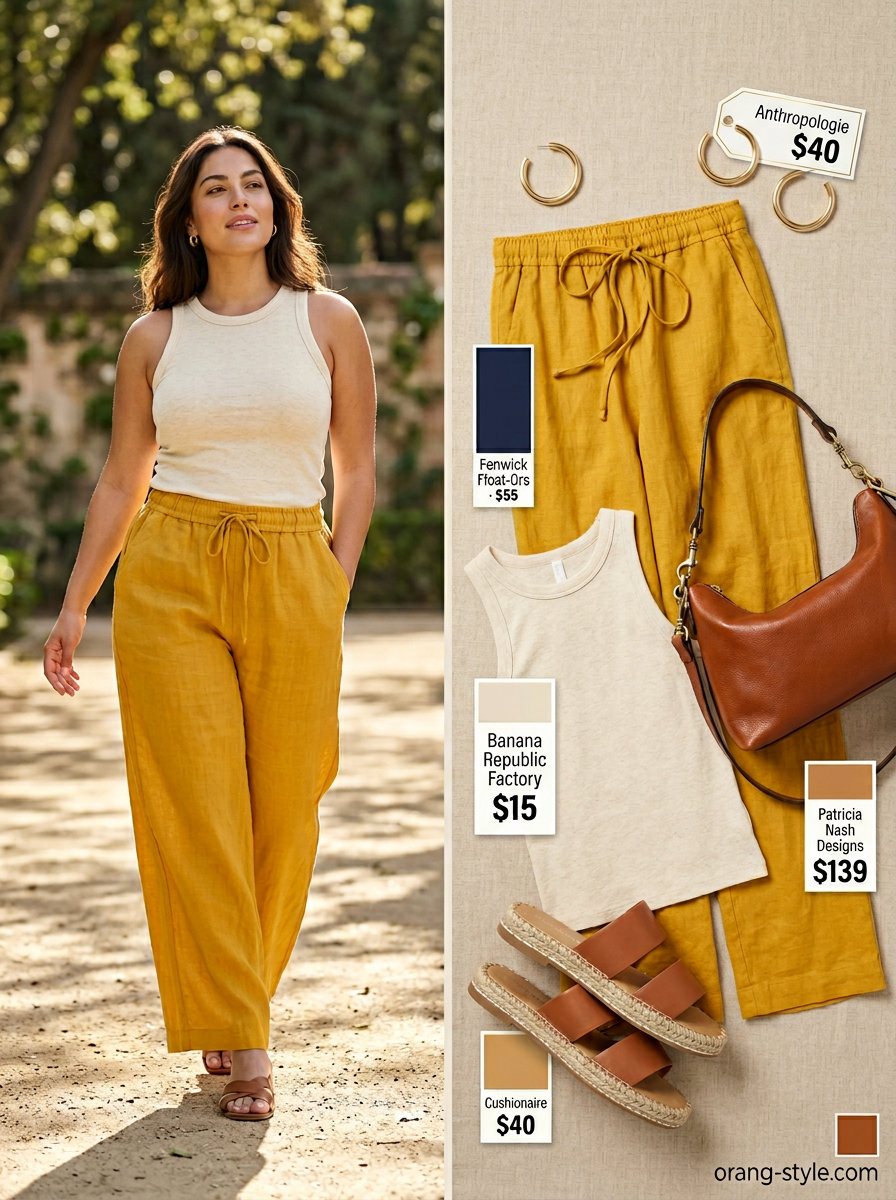 Mustard yellow wide-leg pants outfit for women, color trend summer fashion outfits 2026. Chic evening look.
