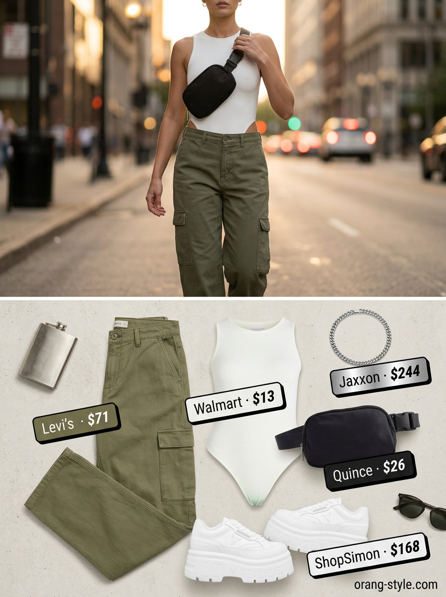 Olive green cargo pants outfit for women, color trend summer fashion outfits 2026. Edgy utilitarian style.