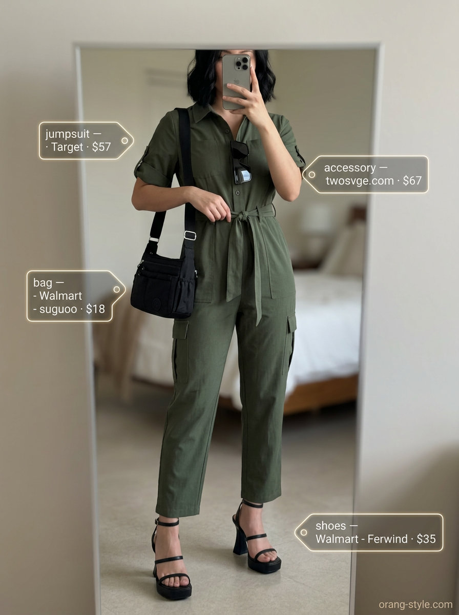 Olive green utility jumpsuit outfit for women, color trend summer fashion outfits 2026. Urban safari style.