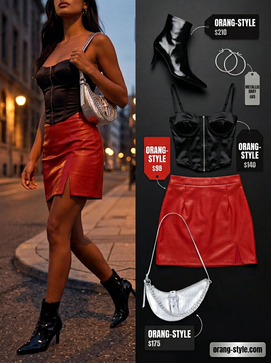 Red faux leather skirt outfit for women, bold summer fashion 2026. Night out party style.