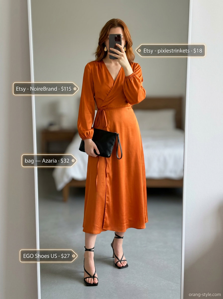 Mango orange midi dress outfit for women, color trend summer fashion 2026. Chic for rooftop dinner.