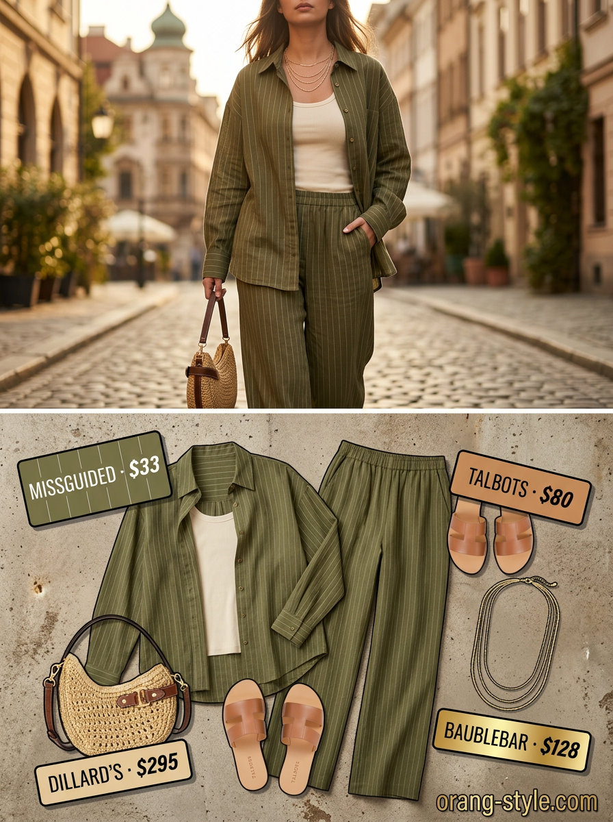 Sage green linen set, cream tank, straw bag for color trend summer fashion outfits for women 2026.