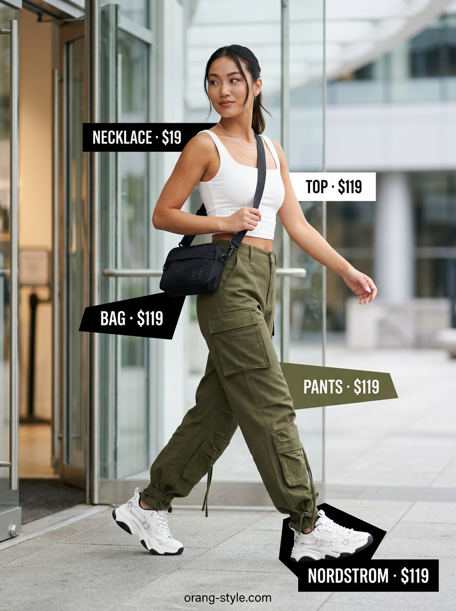 Olive green cargo pants outfit for women, edgy summer fashion 2026. Urban explorer casual style.