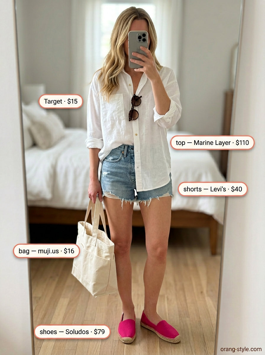 Denim shorts outfit for women, casual summer fashion 2026. Weekend exploration picnic style.