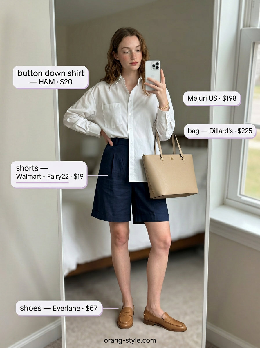 White button-down shirt outfit for women, color trend summer fashion outfits 2026. Modern prep style.