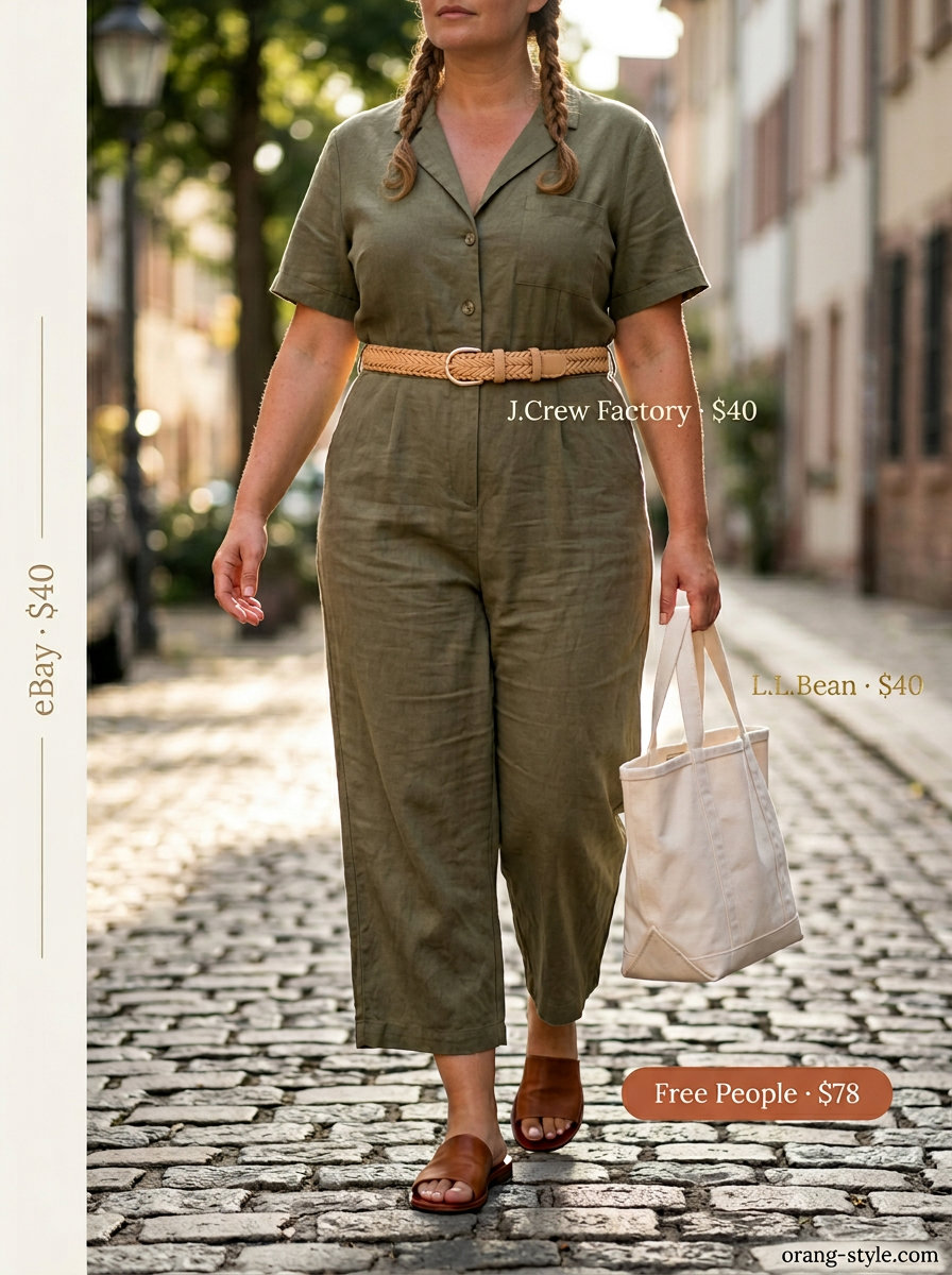 Olive green linen jumpsuit for colorful plus size summer outfits for women 2026. Relaxed chic travel style.