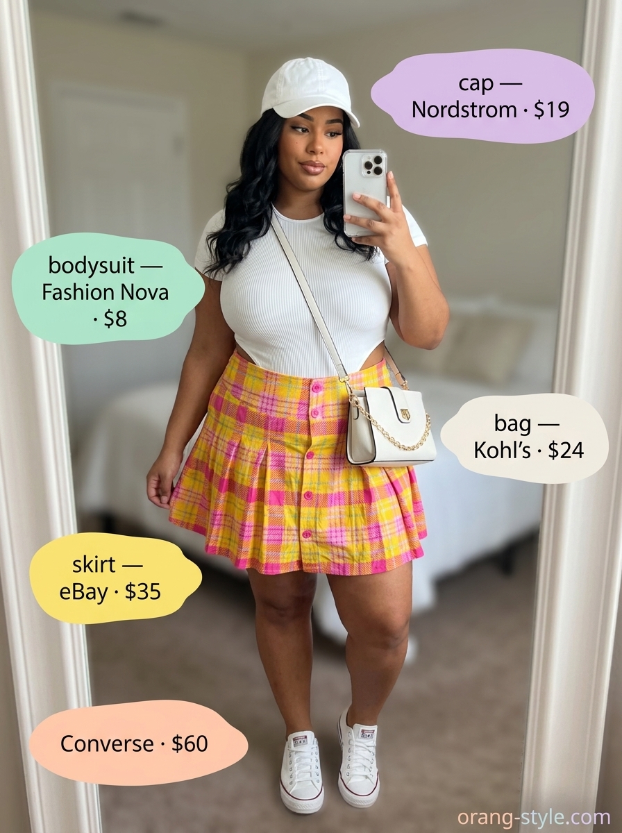 Pastel plaid mini skirt outfit for colorful plus size summer outfits for women 2026. Playful youthful look.
