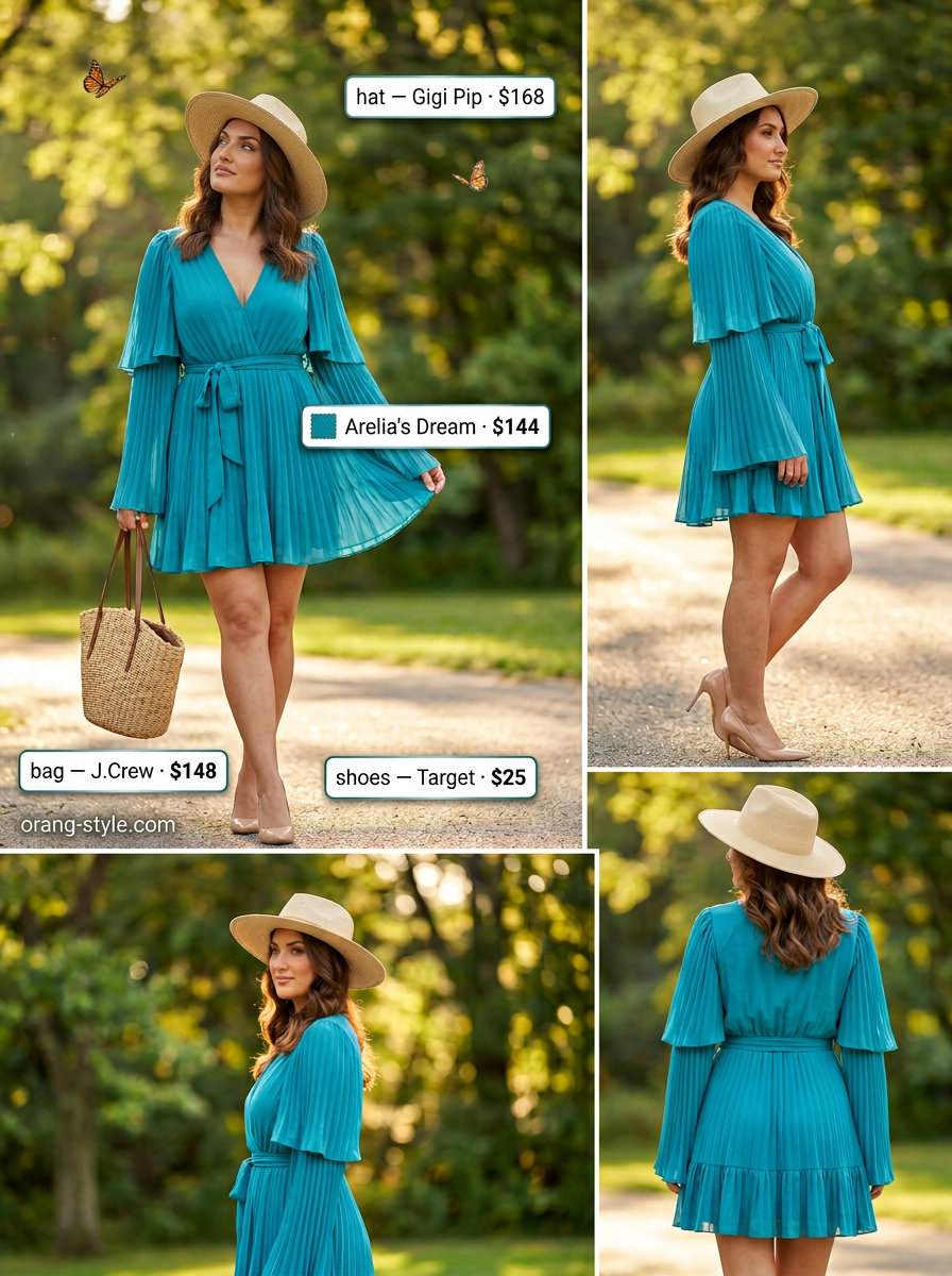 Teal tiered sundress outfit for colorful plus size summer outfits for women 2026. Sweet casual beach day look.