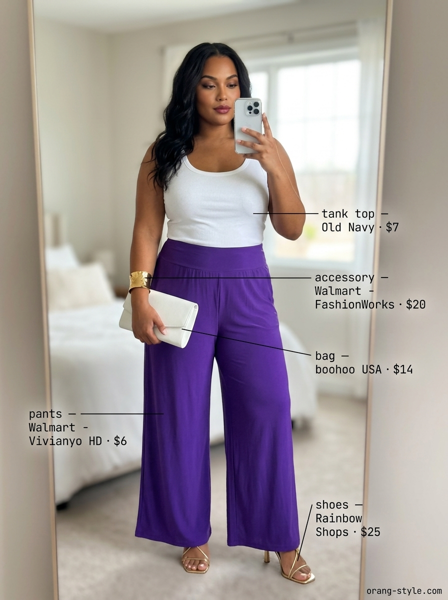 Vibrant violet wide-leg pants outfit for colorful plus size summer outfits for women 2026. Chic evening look.