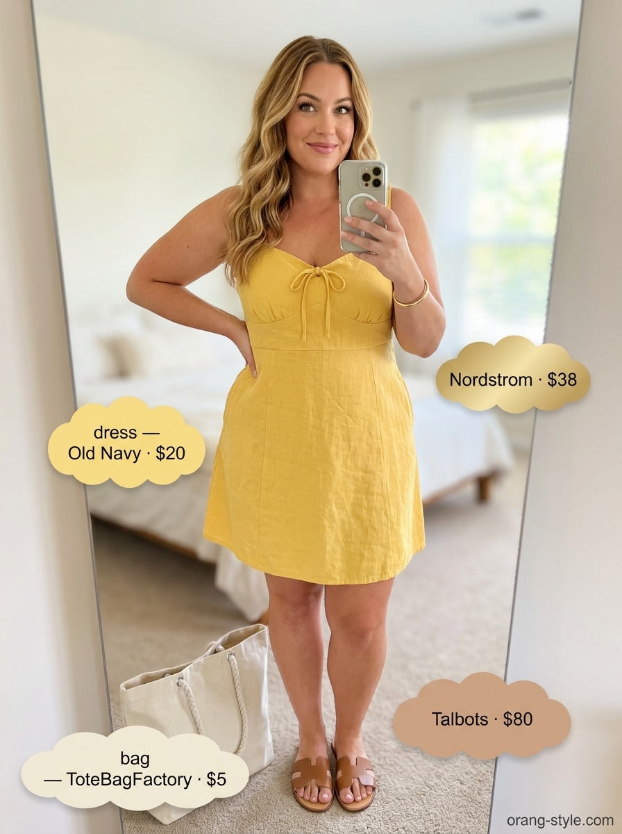 Sunny yellow sundress outfit for colorful plus size summer outfits for women 2026. Cheery picnic style.