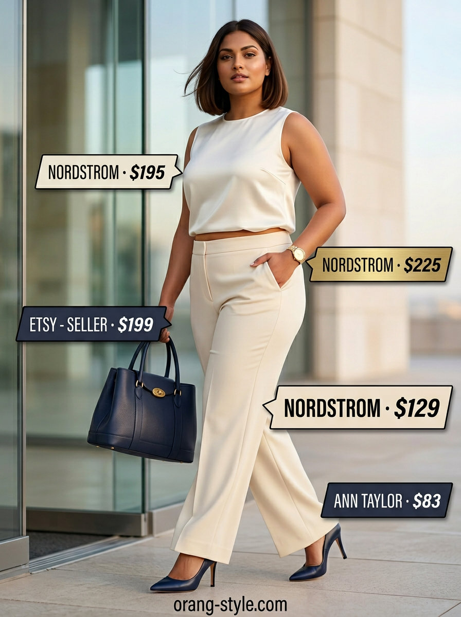 Sophisticated beige and navy pantsuit for plus size women 2026. Office wear.