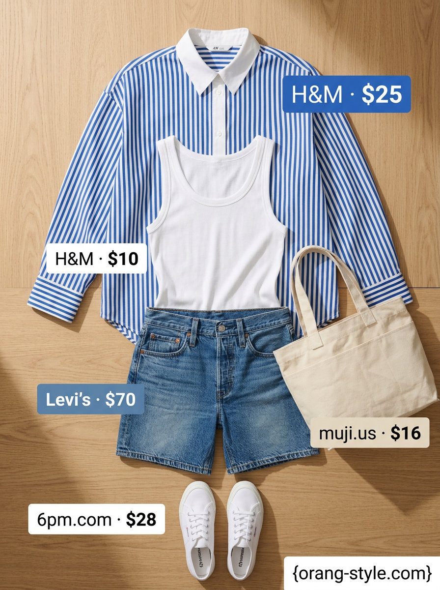 Colorful plus size summer outfits for women 2026: Blue stripe button-down, denim shorts, white sneakers for casual weekend.