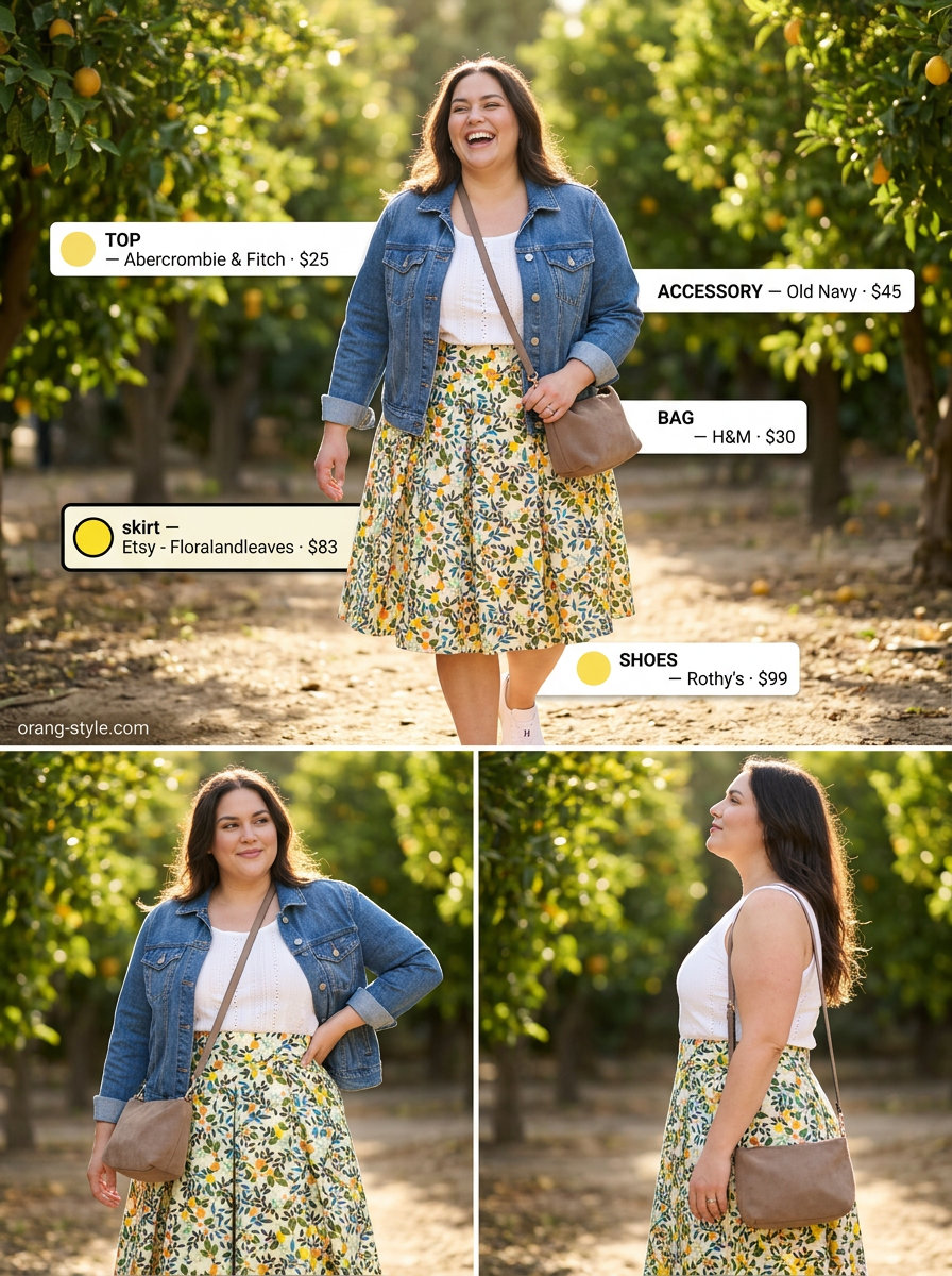 Colorful plus size summer outfits for women 2026: Yellow citrus print midi skirt, white tank, denim jacket for casual days.