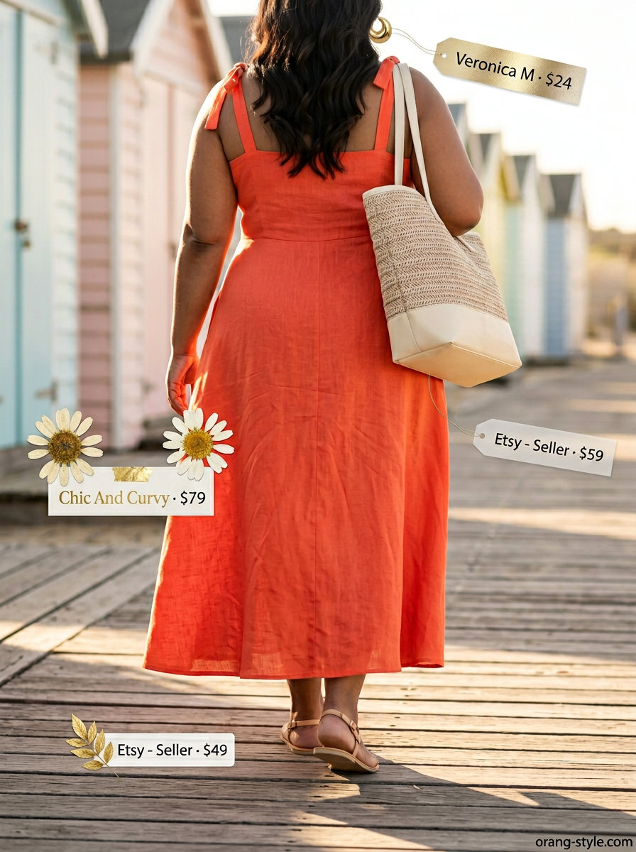 Colorful plus size summer outfits for women 2026: Coral maxi dress, tan sandals, straw tote for beach days.