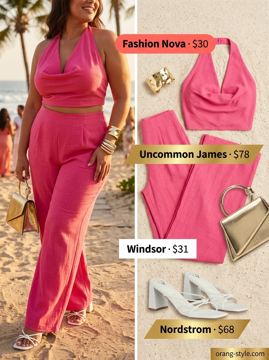 Colorful plus size summer outfits for women 2026: Coral two-piece set, white mules, gold jewelry for summer parties.