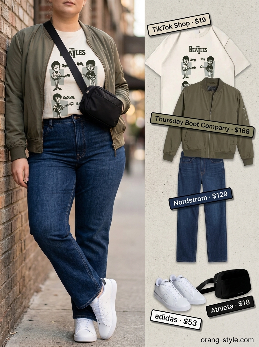 Casual plus size denim outfit 2026. Includes olive bomber jacket, graphic tee, straight leg jeans, sneakers.