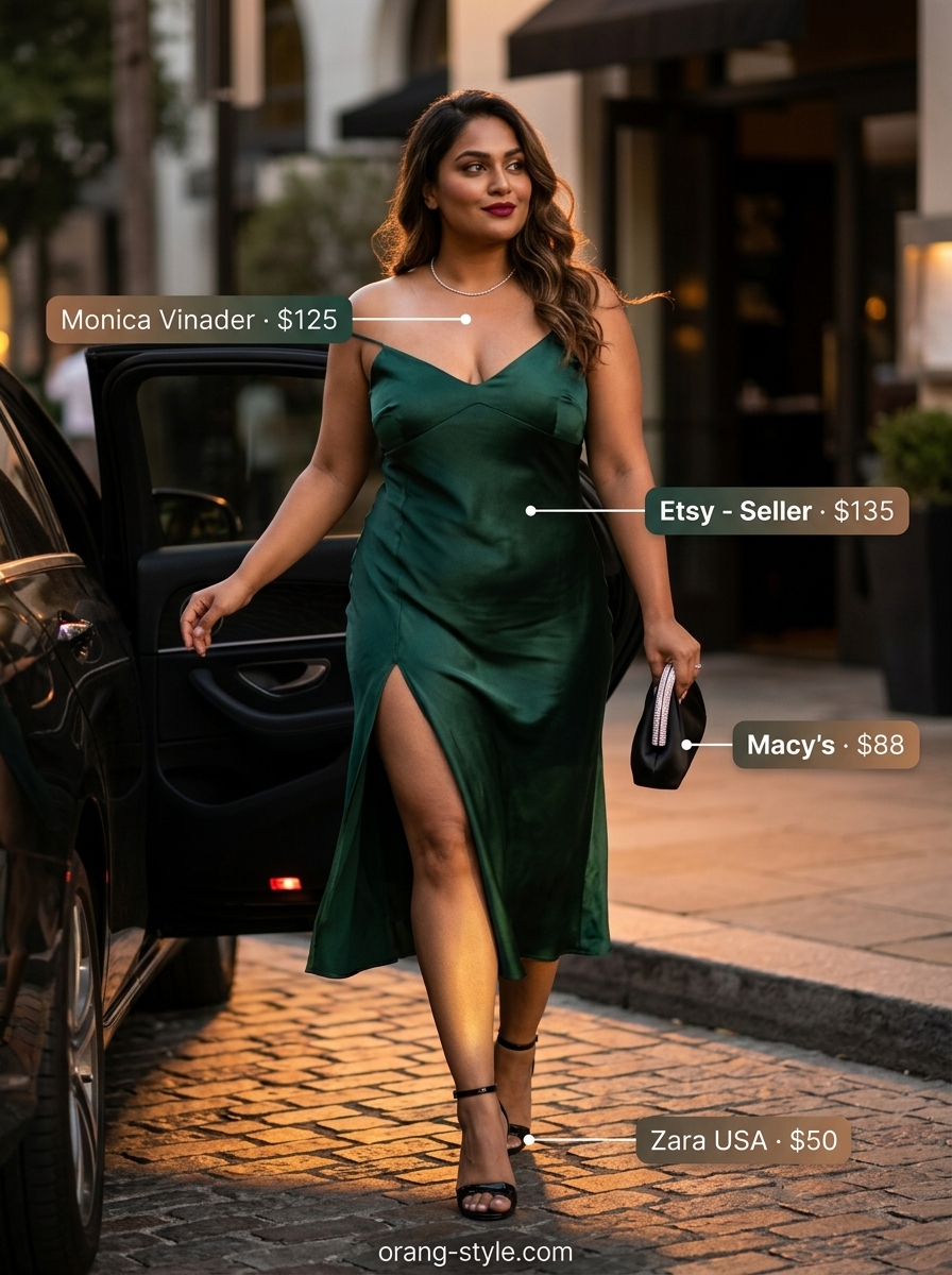 Elegant emerald green slip dress outfit for plus size women 2026. Ideal for date night.