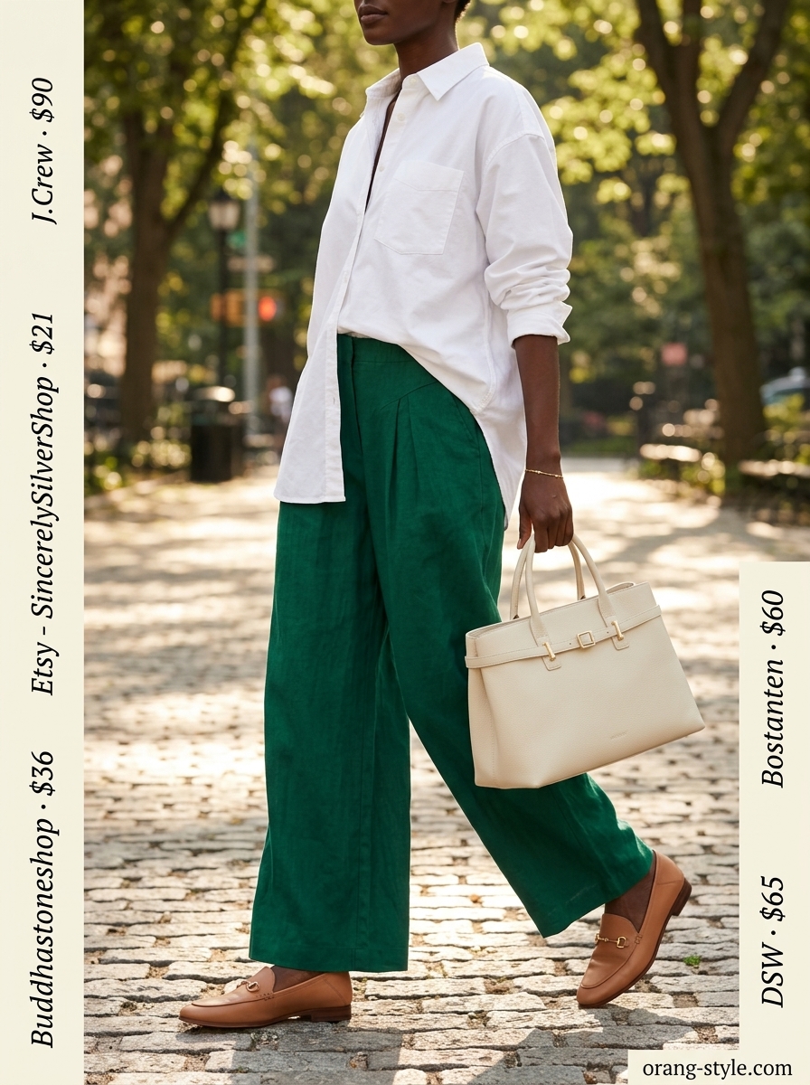 Chic emerald green linen pants outfit for plus size women 2026. Features white oversized shirt & tan loafers.