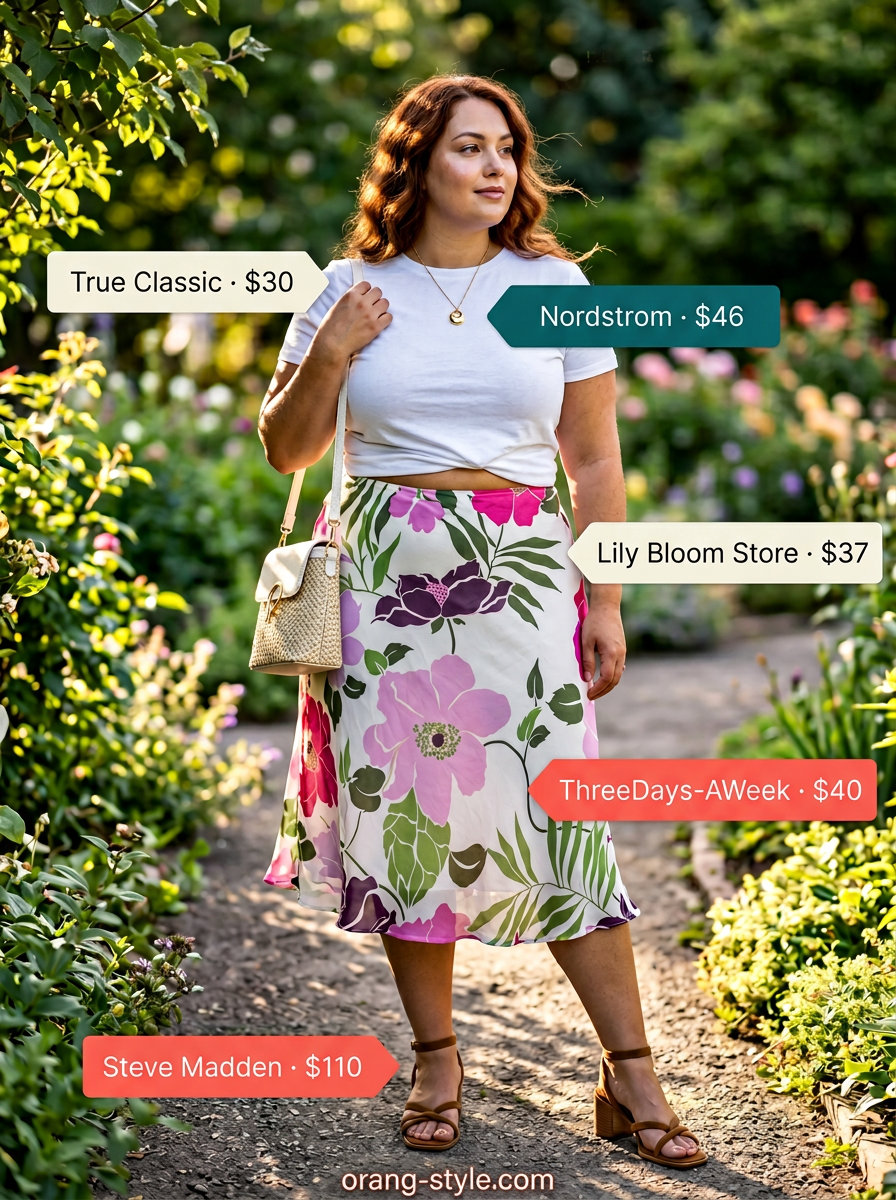 Charming pastel pink floral skirt outfit for plus size women 2026. Garden party ready.